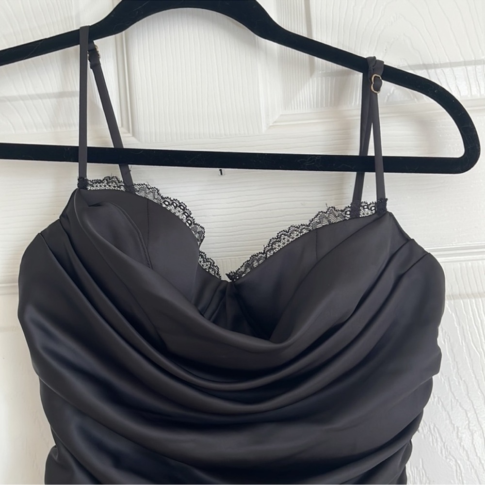 Oh Polly All For You Black Lace Trim Satin Mini Dress - Picture 4 of 4